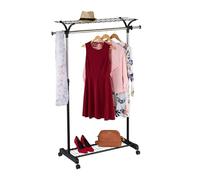 Relaxdays mobile clothes rack trolley with 2 shelves, height adjustable 110-170 cm, width 90-135 cm, silver/black, Steel, Plastic, Stainless steel, 170 x 135 x 43 cm