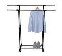 Relaxdays mobile clothes rack, with shelf, adjustable height 91-158 cm, width 89-145 cm, double rail, black, Plastic, Stainless steel, 158 x 145 x 43 cm