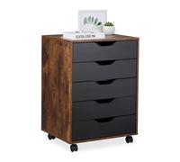 Relaxdays Mobile File Cabinet, 5 Drawers, 66.5 x 48 x 39.5 cm, Office Storage, Rolling Document Container, Brown/Black, 10% plastic 90% fibreboard