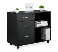 Relaxdays Mobile Filing Cabinet, 3 Drawers, 2 Shelves, HWD: 66 x 80 x 40 cm, 4 Wheels, Lockable, Office Storage, Black