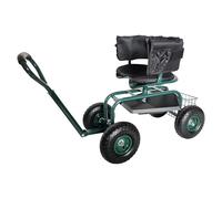 Relaxdays mobile garden seat, height adjustable, 150 kg, storage, handlebar, cushion, backrest, garden trolley, green