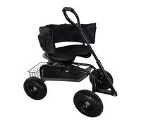Relaxdays mobile garden seat, height-adjustable, 150 kg, storage, handlebar, cushion, backrest, garden trolley, black