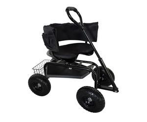 Relaxdays mobile garden seat, height-adjustable, 150 kg, storage, handlebar, cushion, backrest, garden trolley, black