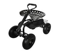 Relaxdays mobile garden seat, height-adjustable, 150 kg, storage, handlebar, steel, pneumatic tyres, black