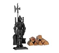 Relaxdays Modern Cast Fire Irons Knight, 4-Piece Fireplace Companion Set with Shovel, Broom, Poker and Rack, Black, 72 x 21 x 12.5 cm