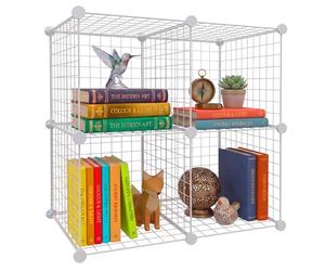 Relaxdays Modular Cube Shelving, Shelving System, 4 Cubes, DIY, HxWxD: 75x75x37 cm, Wire Shelving, Metal, White
