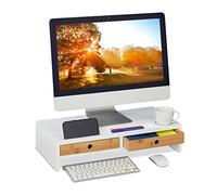 Relaxdays Monitor Stand, 2 Drawers, PC Screen Riser, for Desk, HxWxD: 12 x 56 x 27 cm, Bamboo & MDF, White/Natural