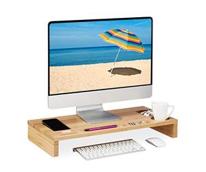 Relaxdays Monitor Stand Bamboo, Screen Raiser for Ergonomic Posture, HWD 8.5x60x30 cm, Display Base Desk, Natural Wood, 8.5x60x30cm