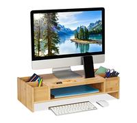 Relaxdays Monitor Stand Bamboo, Screen Raiser with Compartments, HWD 15.5 x 62.5 x 28cm, Display Base Desk, Natural Wood, 1