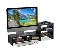 Relaxdays Monitor Stand with Shelf, 2 Parts, Office Organiser, Desk Space-Saver, Desktop Elevator, Black, Fibreboard, 28 x 75.5 x 20 cm