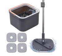 Relaxdays Mop Set, 6L bucket with fresh-water tank, HxWxD 18.5x31x31 cm, 4 square microfibre pads, grey
