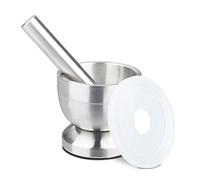 Relaxdays mortar & pestle, stainless steel, lid, spice crusher, herb grinder, skid-proof, 10cm diameter, 200 ml, silver