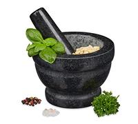 Relaxdays Mortar with Pestle, Spices, Herbs, Polished Stone Mortar, Ø 14 cm, Vol. 400 ml, Granite, Grey