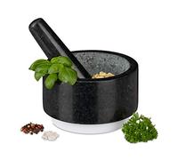 Relaxdays Mortar with Pestle, Spices, Herbs, Polished Stone Mortar, Ø 14 cm, Vol. 400 ml, Granite, Grey/White
