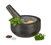 Relaxdays Mortar with Pestle, Spices, Herbs, Polished Stone Mortar, Ø 16 cm, Vol. 400 ml, Granite, Grey
