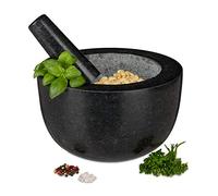 Relaxdays Mortar with Pestle, Spices, Herbs, Polished Stone Mortar, Ø 20 cm, 750 ml Volume, Granite, Dark Grey