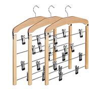Relaxdays Multiple Trouser Hanger, Wooden Coat Hanger with Rail, Non-Slip Bars, HWD 45.5 x 39 x 2.5, Pack of 3