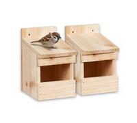 Relaxdays Nesting Box for Blackbirds and Starlings, 2 pcs, Large Opening, 20 x 12 x 15.5 cm, Natural Wood, Black