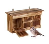 Relaxdays Nesting Box for Sparrows, 3 Chambers, Fir Wood, Entrance Hole HxW: 3x2 cm, Birdhouse, Bird Shelter, Brown