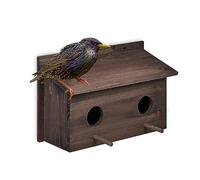 Relaxdays Nesting Box for Starlings, Natural Fir Wood, 2 Entrances Ø5 cm, Perch, Bird House to Hang, 22x35x18cm, Brown