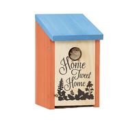 Relaxdays Nest Box for Tits, Sparrows, 32 mm, Cleaning Flap, Wood, Hanging Bird House, Orange/Blue