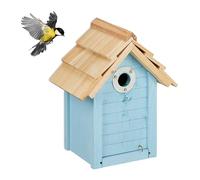 Relaxdays Nesting Box Tits, Fir Wood, 27 mm Entrance Hole, Bottom Flap, Hanging Birdhouse, Light Blue/Natural, 27 x 22 x 15 cm