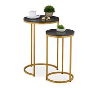 Relaxdays Nesting Tables, 2-Piece Set, 2 Sizes, Marble Effect, Metal Legs, Round, Living Room, for Sofa, Black/Gold