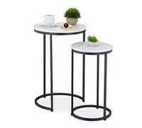 Relaxdays Nesting Tables, 2-Piece Set, 2 Sizes, Marble Effect, Metal Legs, Round, Living Room, for Sofa, White/Black