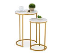 Relaxdays Nesting Tables, 2-Piece Set, 2 Sizes, Marble Effect, Metal Legs, Round, Living Room, for Sofa, White/Gold