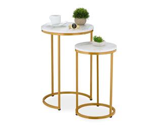 Relaxdays Nesting Tables, 2-Piece Set, 2 Sizes, Marble Effect, Metal Legs, Round, Living Room, for Sofa, White/Gold