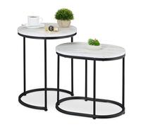 Relaxdays Nesting Tables, 2-Piece Set, 2 Sizes, Marble Effect, Metal Legs, Round & Oval, Living Room, Sofa, White/Black, 10% Plastic