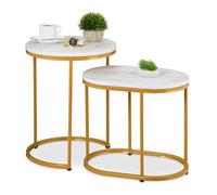 Relaxdays Nesting Tables, 2-Piece Set, 2 Sizes, Marble Effect, Metal Legs, Round & Oval, Living Room, Sofa, White/Gold, 50% Iron