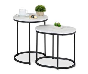 Relaxdays Nesting Tables, 2-Piece Set, 2 Sizes, Marble Effect, Metal Legs, Round & Oval, Living Room, Sofa, White/Black