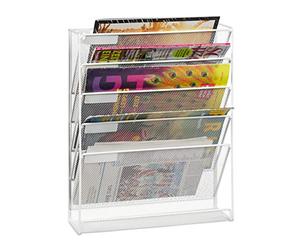Relaxdays Newspaper Stand, Magazine Holder, Wall Storage, HxWxD 40.5 x 32.5 x 10.5 cm, Metal, Mesh, Document, White