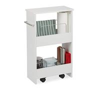 Relaxdays Niche Trolley, 2 Compartments, Narrow Storage Shelf with Castors, Bathroom & Kitchen, MDF, 67x20x43 cm, White