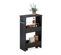 Relaxdays Niche Trolley, 3 Shelves, Narrow Kitchen & Bathroom Cart, HWD: 66.5 x 42 x 20 cm, Mobile Shelf, Castors, Black, Fibreboard