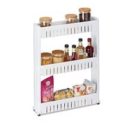 Relaxdays Niche Trolley, 3 Shelves, Narrow Shelf for Bathroom & Kitchen, 71x12.5x54 cm, Rolling Storage Plastic, White