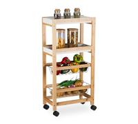 Relaxdays Niche Trolley, 4 Shelves, Narrow Kitchen & Bathroom Cart, HWD: 83 x 22 x 40 cm, Bamboo, Rolling, Natural/White