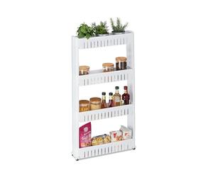Relaxdays Niche Trolley, 4 Shelves, Narrow Shelf for Bathroom & Kitchen, 101x12.5x54 cm, Rolling Storage Plastic, White