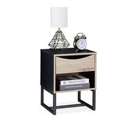 Relaxdays Night Stand, Side Table, Drawer, H x W x D: approx. 50 x 39 x 35 cm, Metal, Black/Natural, Fibreboard, 1 piece