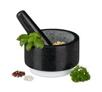 Relaxdays 10029954 Pestle, Spices, Herbs, Polished Stone Mortar, Ø 14 cm, Vol. 400 ml, Granite, Grey/White