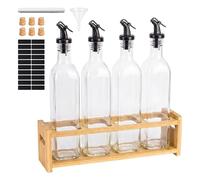 Relaxdays oil bottles, 4-pack, 500 ml, bamboo holder, pourers, vinegar & olive oil, labels, clear glass