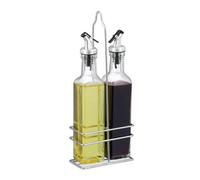 Relaxdays Oil and Vinegar Dispenser Set, 300 ml Glass Bottles, Metal Holder, Pourer, 27.5 x 11 x 6 cm, Transparent