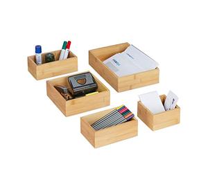 Relaxdays Organisation Boxes, Set of 5, Stackable, Drawer Organisation System Bamboo, Various Sizes, natural