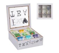 Relaxdays Organiser, 9 Compartments, MDF & Acrylic, HWxD: 9 x 25 x 25 cm, Coffee, Tea Bag Box, White/Grey, Fibreboard
