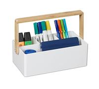 Relaxdays Organiser, Carrying Handle, 4 Compartments, Storage, Bamboo, Plastic, H x W x D 8.5 x 26 x 16 cm, White
