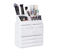 Relaxdays Organiser with 6 Drawers, 22 Compartments for Makeup Storage, Acrylic Cosmetic Tower, White, 29 x 23.5 x 14 cm