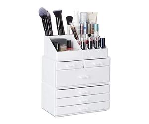Relaxdays Organiser with 6 Drawers, 22 Compartments for Makeup Storage, Acrylic Cosmetic Tower, White