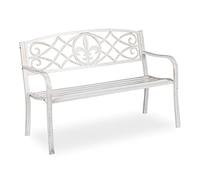 Relaxdays ornate garden bench, 2 seater, made of metal, Cast iron backrest, fleur-de-lis, 86x127x57 cm, outdoor, white, Steel, 86x127x57cm
