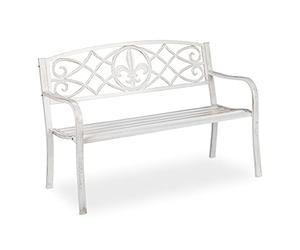 Relaxdays ornate garden bench, 2 seater, made of metal, Cast iron backrest, fleur-de-lis, 86x127x57 cm, outdoor, white, Steel, 86x127x57cm